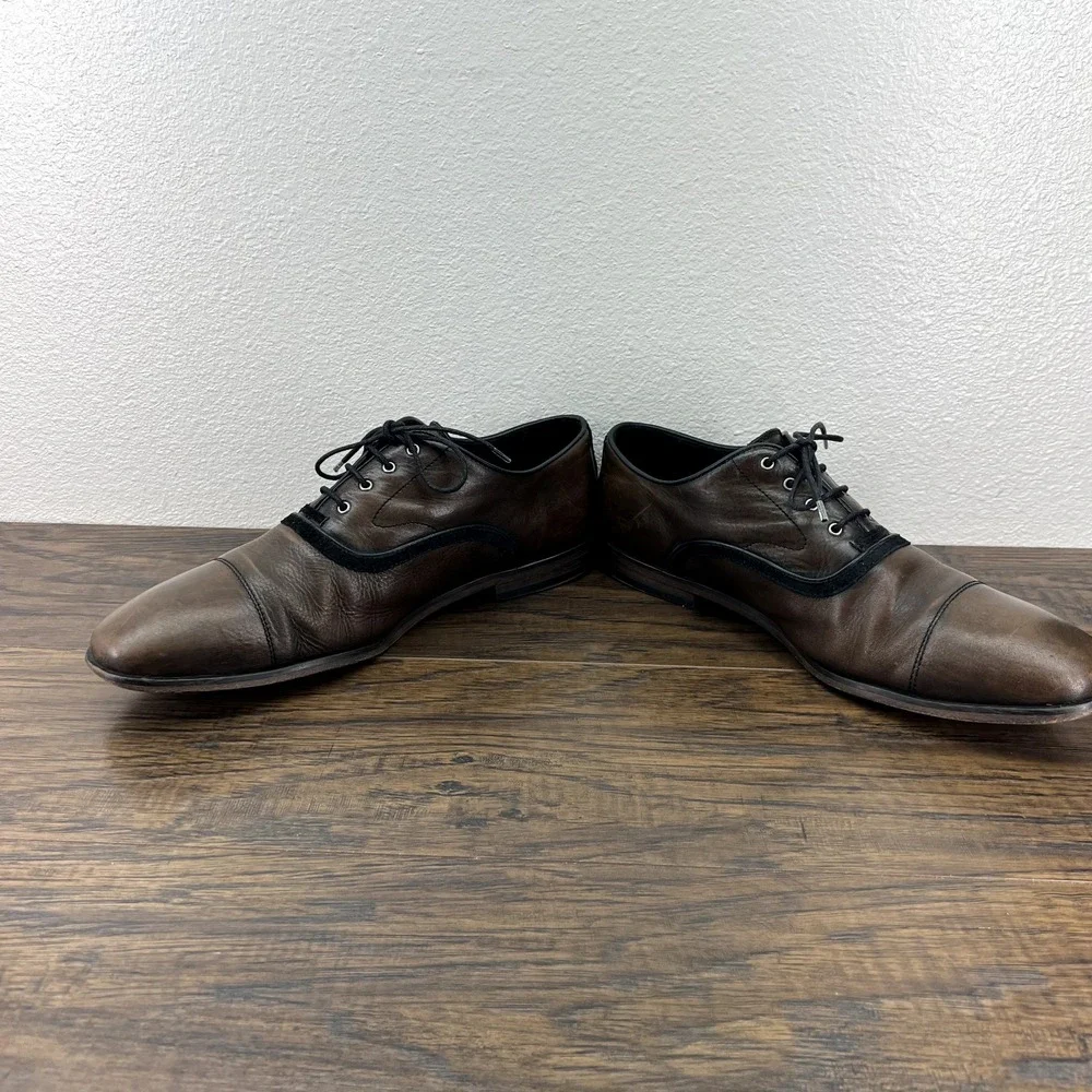 John Varvatos Size 11.5D‎ Oxfords Dress Shoes Brown Leather Cap Toe Suede Trim